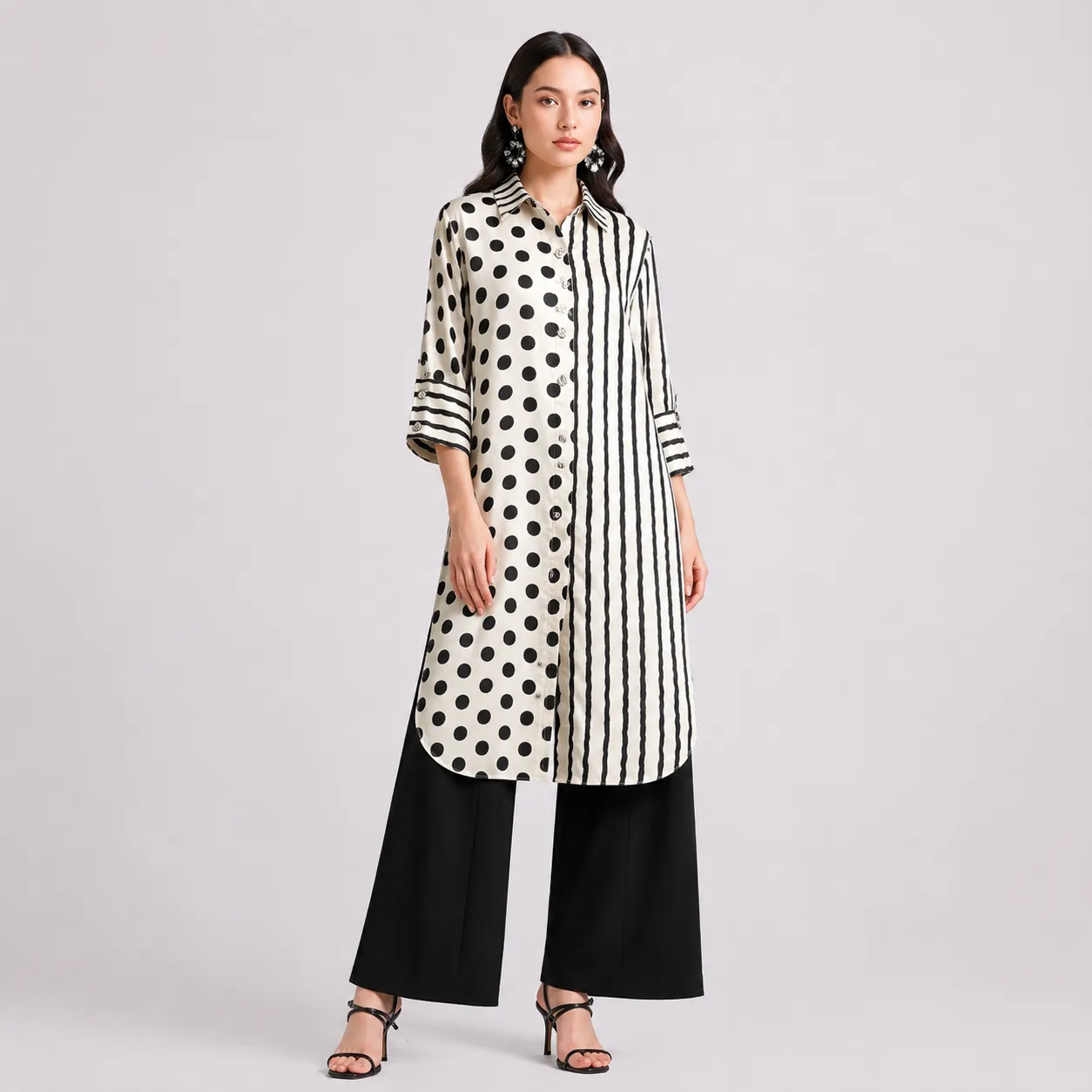 Black and White Polka Dot & Stripe Long Shirt